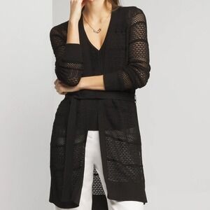 White House Black Market Black Pointelle Crochet Longline Cardigan Belted Small